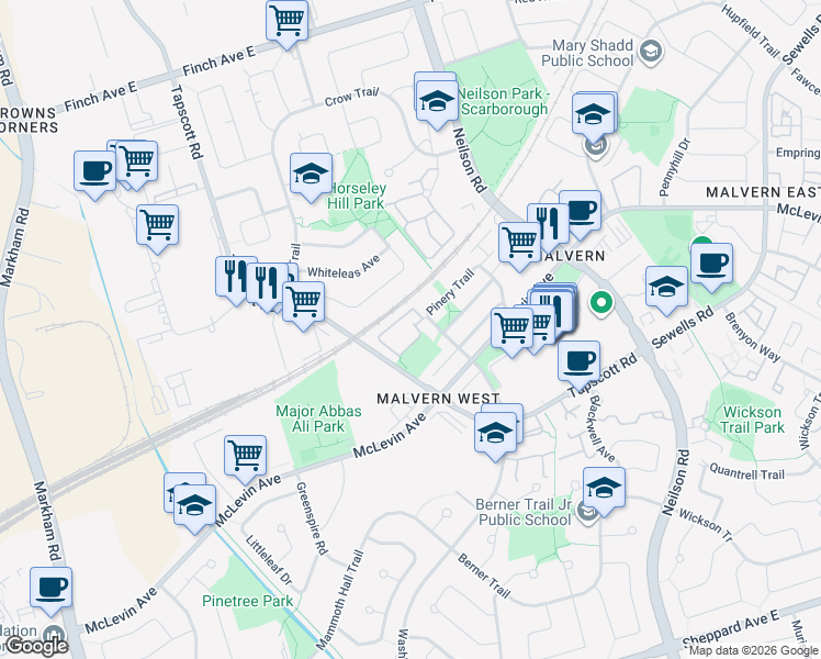 map of restaurants, bars, coffee shops, grocery stores, and more near 42 Pinery Trail in Toronto