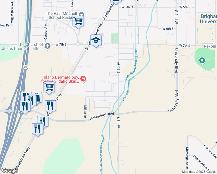 map of restaurants, bars, coffee shops, grocery stores, and more near 940 South 1000 West in Rexburg