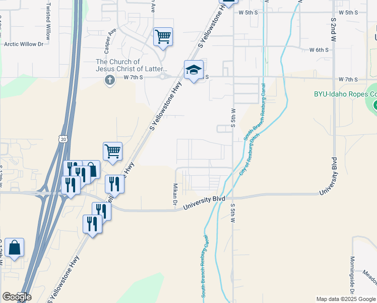 map of restaurants, bars, coffee shops, grocery stores, and more near 819 South Highway 191 in Rexburg