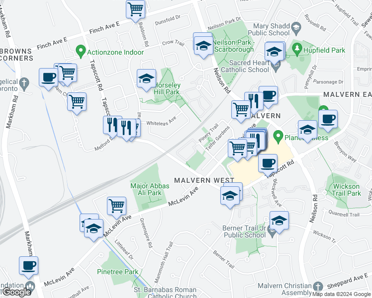 map of restaurants, bars, coffee shops, grocery stores, and more near 73 Horseley Hill Drive in Toronto