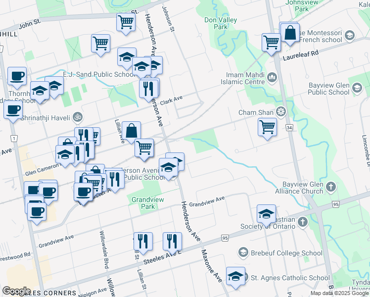 map of restaurants, bars, coffee shops, grocery stores, and more near 28 Proctor Avenue in Markham
