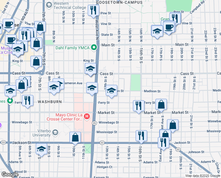 map of restaurants, bars, coffee shops, grocery stores, and more near 411 13th Street South in La Crosse