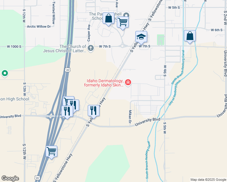 map of restaurants, bars, coffee shops, grocery stores, and more near 957 South Yellowstone Highway in Rexburg
