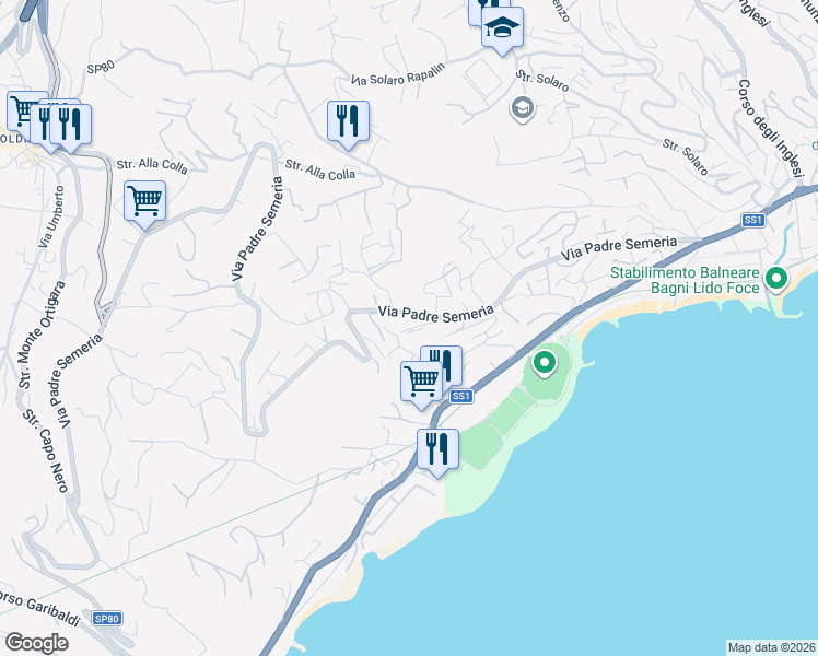 map of restaurants, bars, coffee shops, grocery stores, and more near 139 Via Padre Semeria in Sanremo