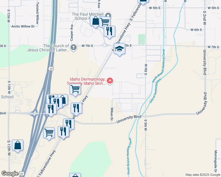 map of restaurants, bars, coffee shops, grocery stores, and more near 819 South Yellowstone Highway in Rexburg