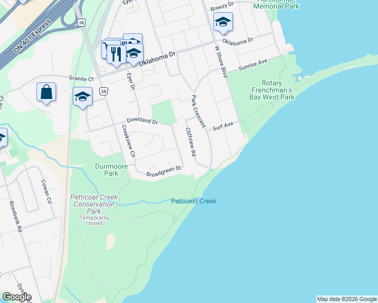 map of restaurants, bars, coffee shops, grocery stores, and more near in Pickering