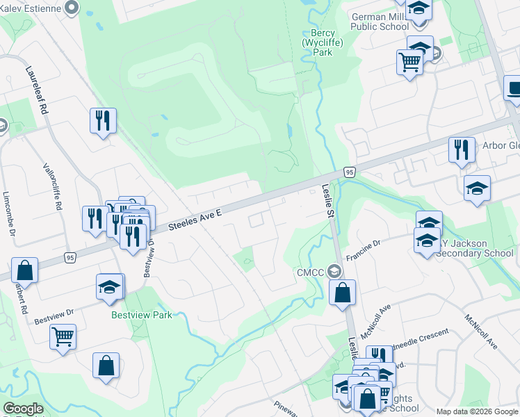 map of restaurants, bars, coffee shops, grocery stores, and more near 4 English Ivyway in Toronto