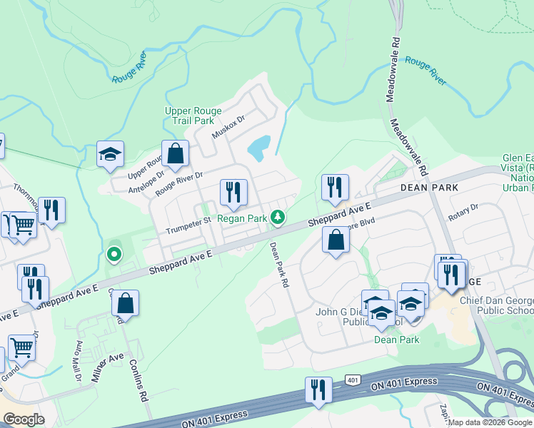 map of restaurants, bars, coffee shops, grocery stores, and more near 224 Rouge River Drive in Toronto