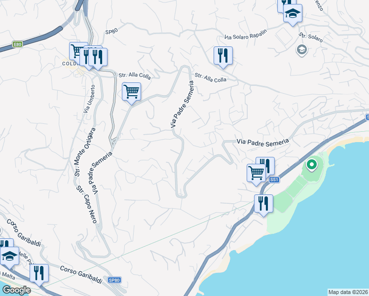map of restaurants, bars, coffee shops, grocery stores, and more near 542 Via Padre Semeria in Sanremo