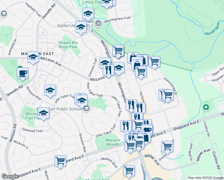 map of restaurants, bars, coffee shops, grocery stores, and more near 47 Wishford Drive in Toronto