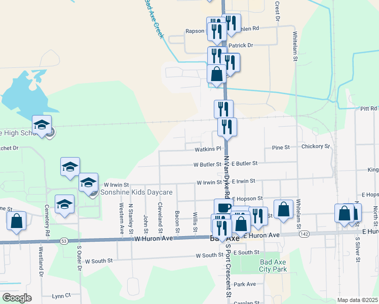 map of restaurants, bars, coffee shops, grocery stores, and more near 276 Watkins Place in Bad Axe