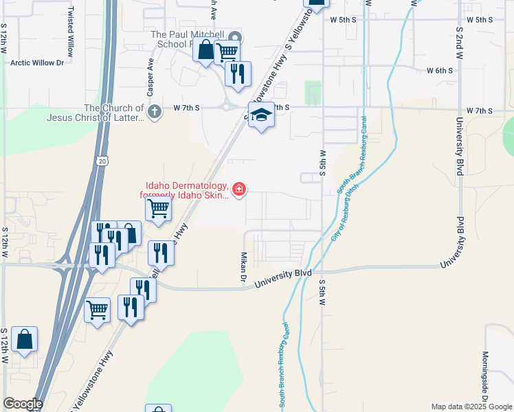map of restaurants, bars, coffee shops, grocery stores, and more near 940 South 5th West in Rexburg