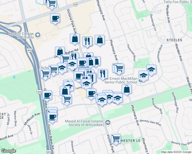 map of restaurants, bars, coffee shops, grocery stores, and more near 3751 Victoria Park Avenue in Toronto