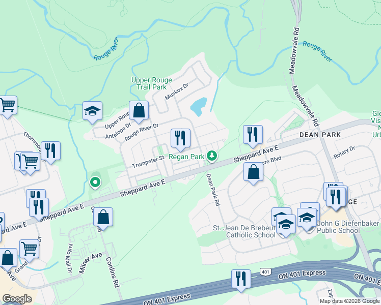 map of restaurants, bars, coffee shops, grocery stores, and more near 83 Trumpeter Street in Toronto