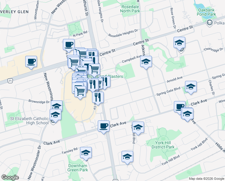 map of restaurants, bars, coffee shops, grocery stores, and more near 136 Rodeo Drive in Vaughan