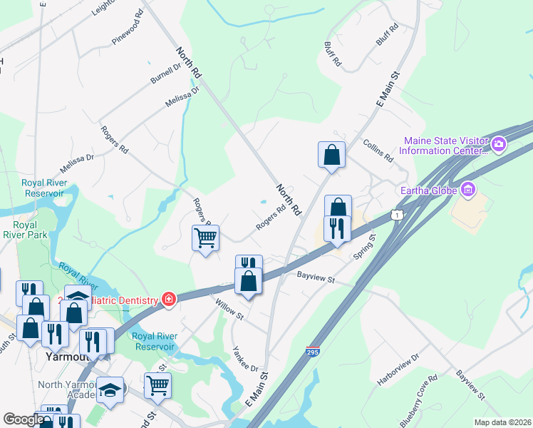 map of restaurants, bars, coffee shops, grocery stores, and more near 23 Rogers Road in Yarmouth