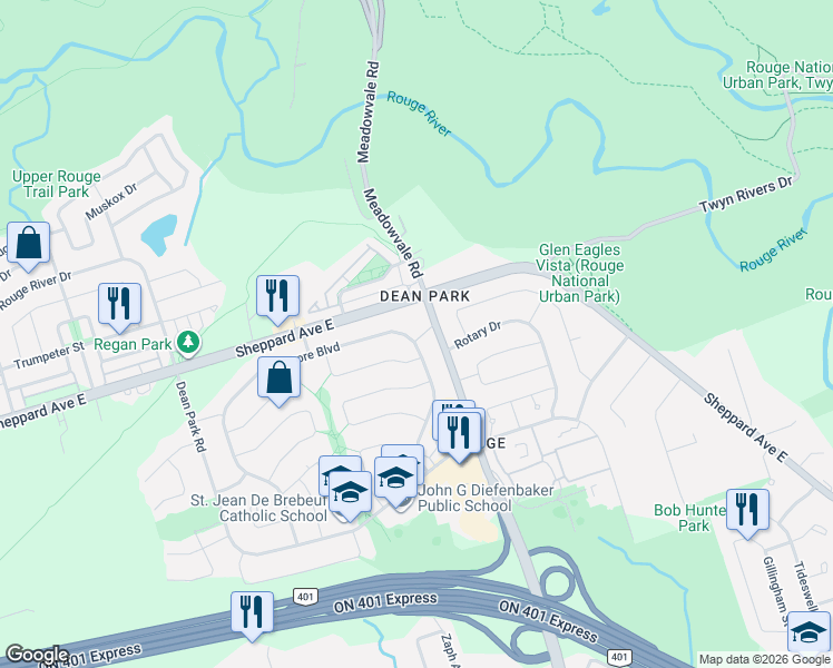 map of restaurants, bars, coffee shops, grocery stores, and more near 242 Braymore Boulevard in Toronto