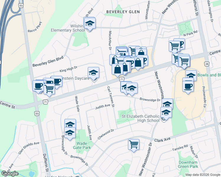 map of restaurants, bars, coffee shops, grocery stores, and more near 2 Parsons Place in Vaughan