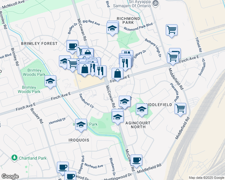 map of restaurants, bars, coffee shops, grocery stores, and more near 2627 McCowan Road in Toronto