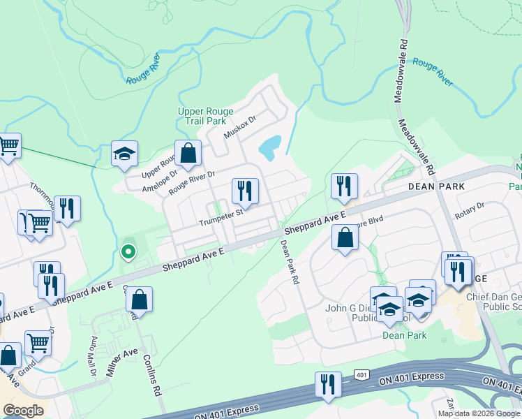 map of restaurants, bars, coffee shops, grocery stores, and more near 85 Trumpeter Street in Toronto