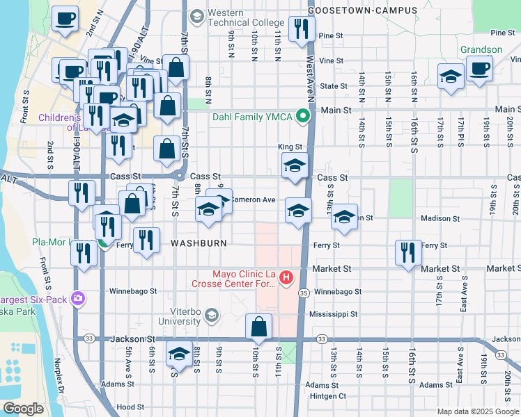 map of restaurants, bars, coffee shops, grocery stores, and more near 405 10th Street in La Crosse