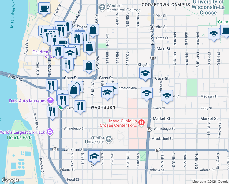 map of restaurants, bars, coffee shops, grocery stores, and more near 402 9th Street South in La Crosse