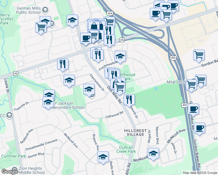 map of restaurants, bars, coffee shops, grocery stores, and more near 150 Don Mills Road in Toronto