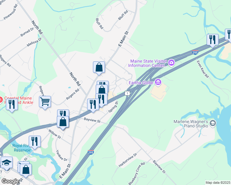 map of restaurants, bars, coffee shops, grocery stores, and more near 30 Juniper Ledge in Yarmouth