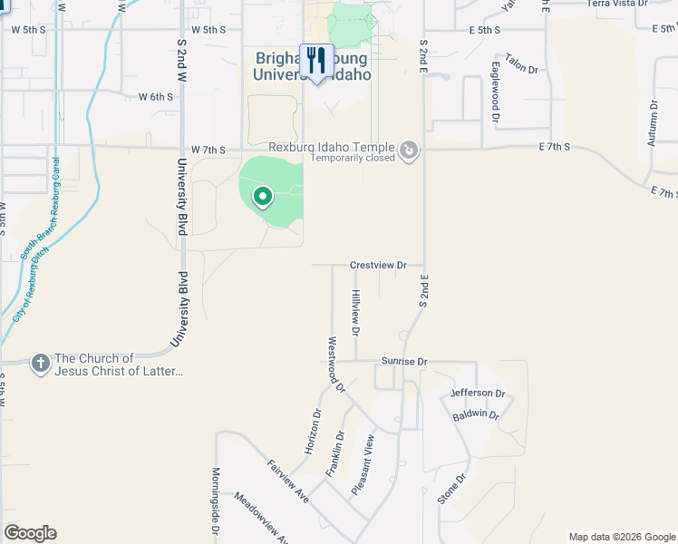 map of restaurants, bars, coffee shops, grocery stores, and more near 2-48 Crestview Street in Rexburg