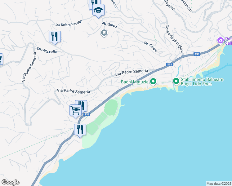 map of restaurants, bars, coffee shops, grocery stores, and more near 62 Corso Guglielmo Marconi in Sanremo
