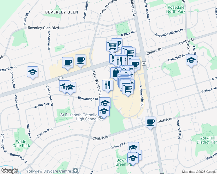 map of restaurants, bars, coffee shops, grocery stores, and more near 100 Promenade Circle in Vaughan