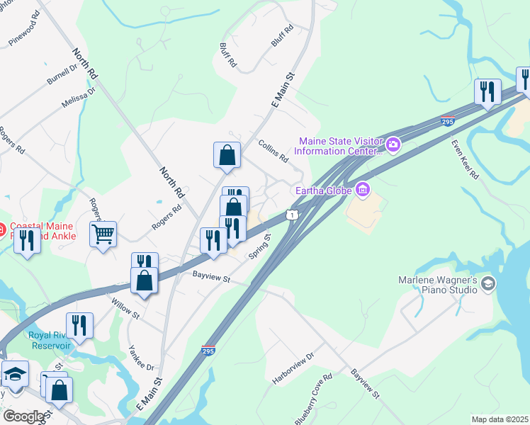 map of restaurants, bars, coffee shops, grocery stores, and more near 27 Juniper Ledge in Yarmouth