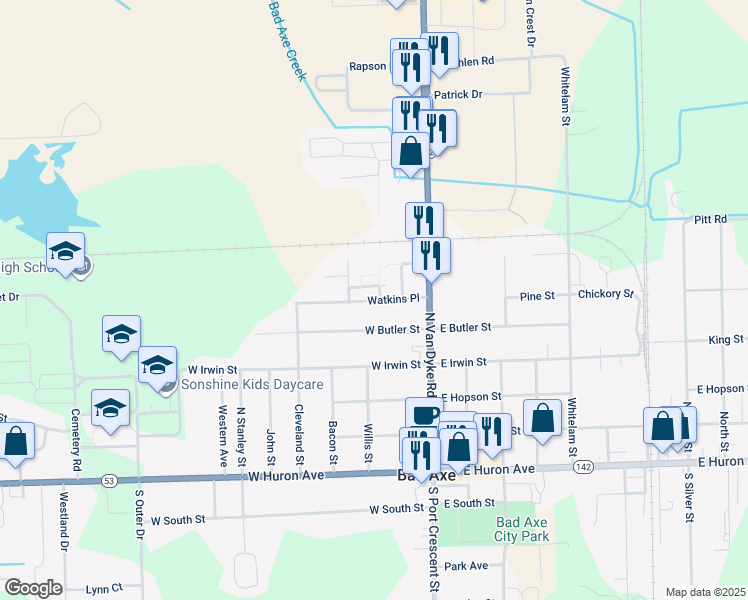 map of restaurants, bars, coffee shops, grocery stores, and more near 219 Watkins Place in Bad Axe