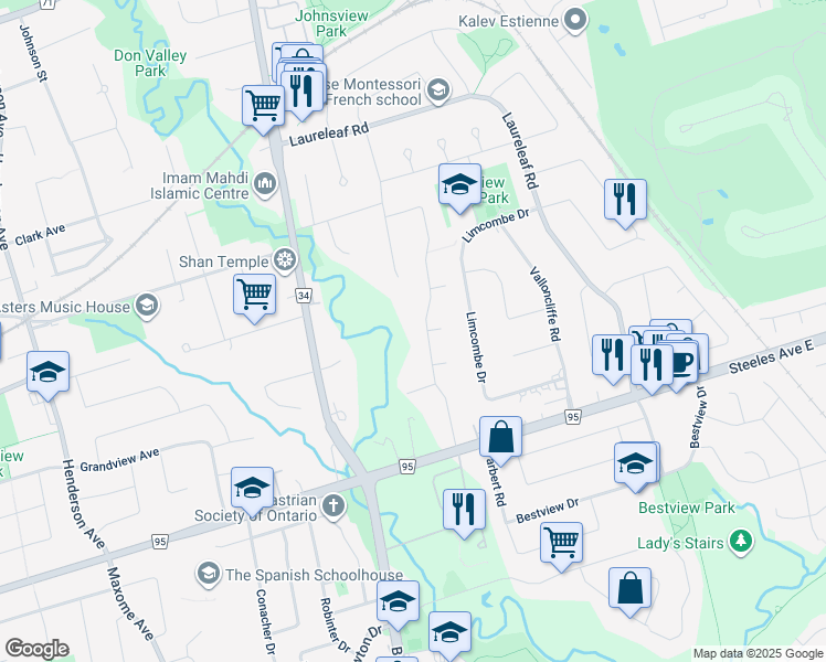 map of restaurants, bars, coffee shops, grocery stores, and more near 24 Old English Lane in Markham