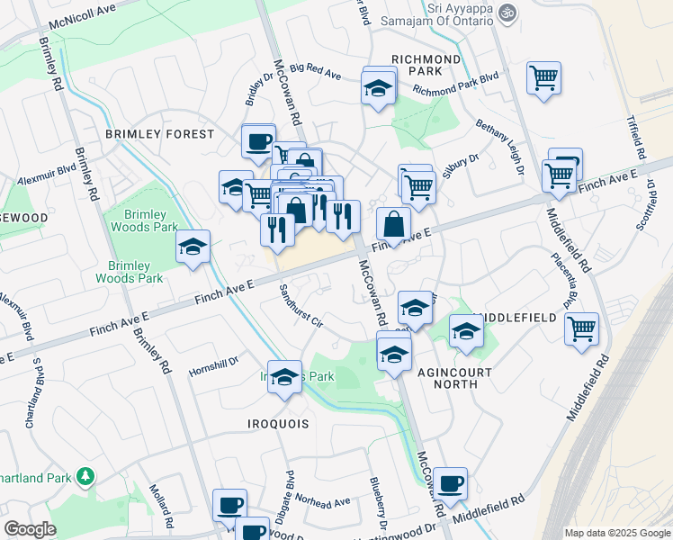 map of restaurants, bars, coffee shops, grocery stores, and more near 5001 Finch Avenue East in Toronto