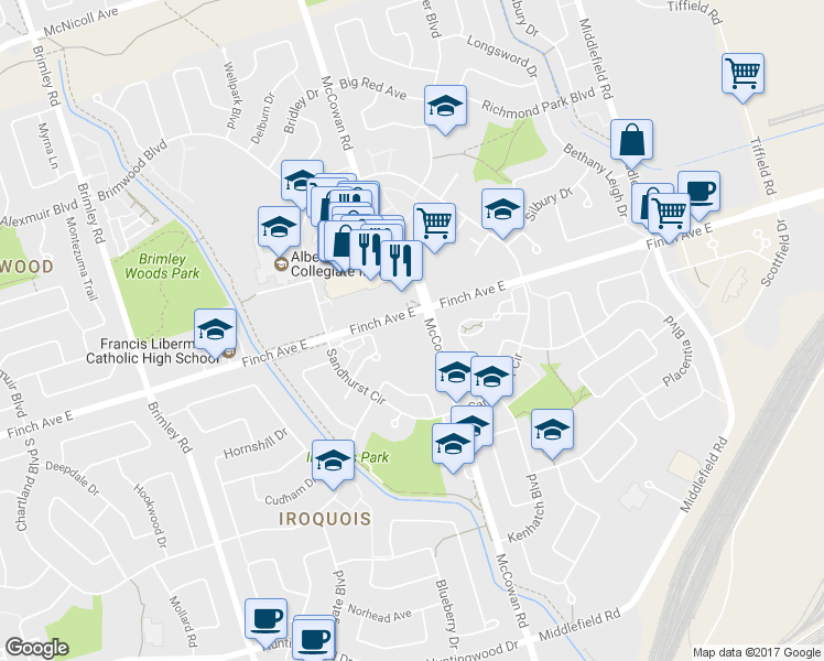 map of restaurants, bars, coffee shops, grocery stores, and more near in Toronto
