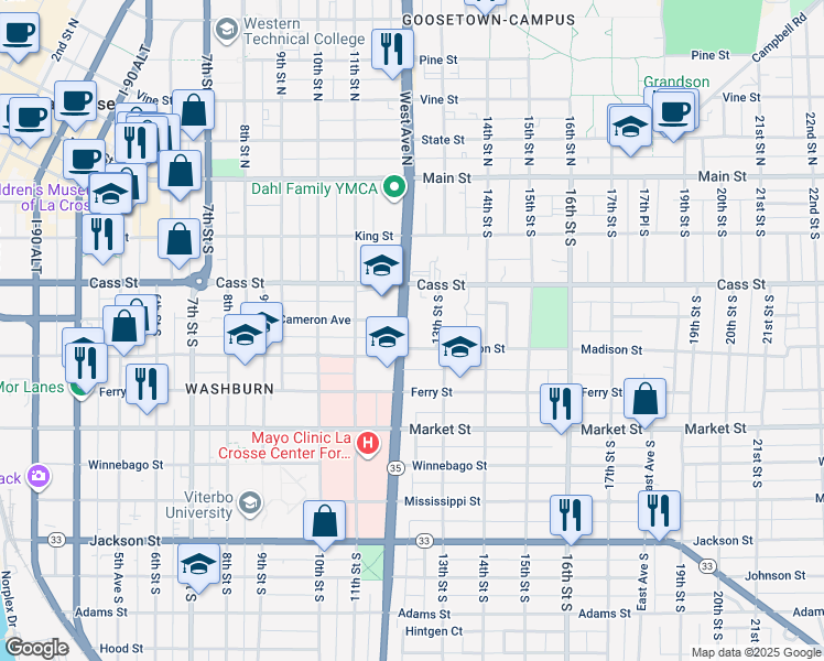 map of restaurants, bars, coffee shops, grocery stores, and more near 403 West Avenue South in La Crosse