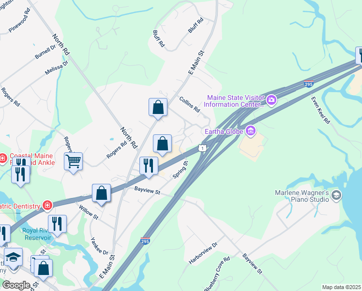 map of restaurants, bars, coffee shops, grocery stores, and more near 23 Juniper Ledge in Yarmouth
