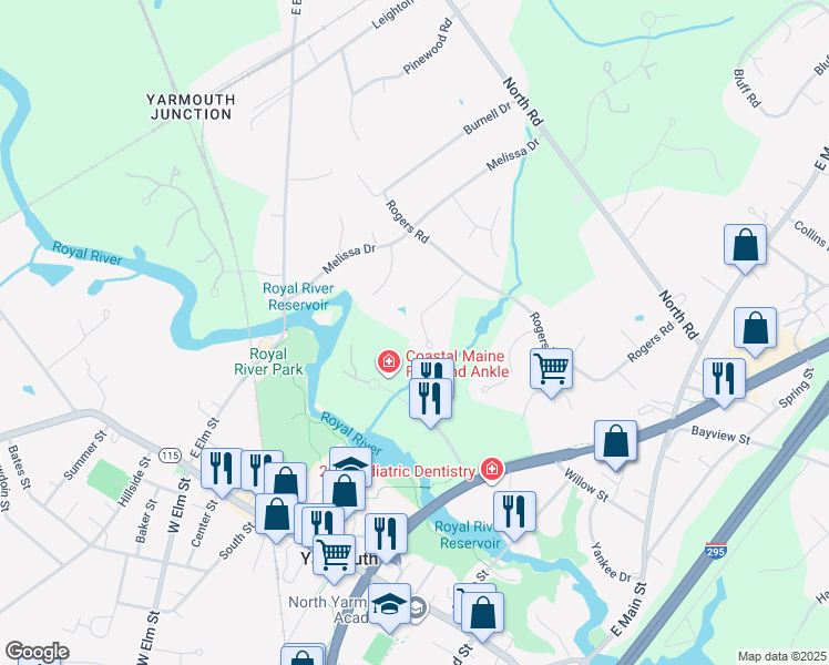 map of restaurants, bars, coffee shops, grocery stores, and more near 59 Gail Lane in Yarmouth