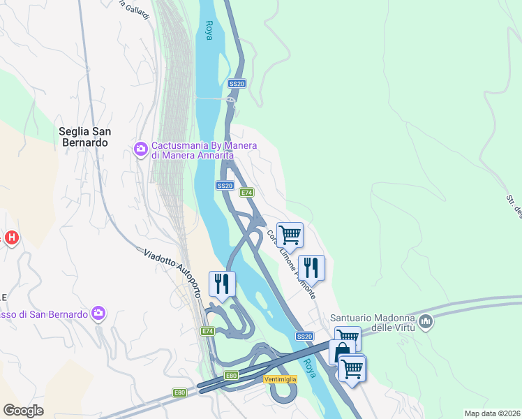 map of restaurants, bars, coffee shops, grocery stores, and more near 144 Corso Limone Piemonte in Ventimiglia