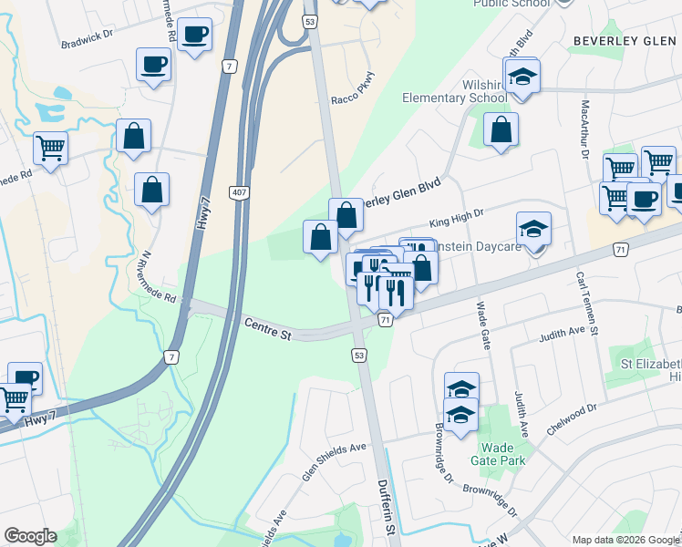 map of restaurants, bars, coffee shops, grocery stores, and more near 7818 Dufferin Street in Vaughan