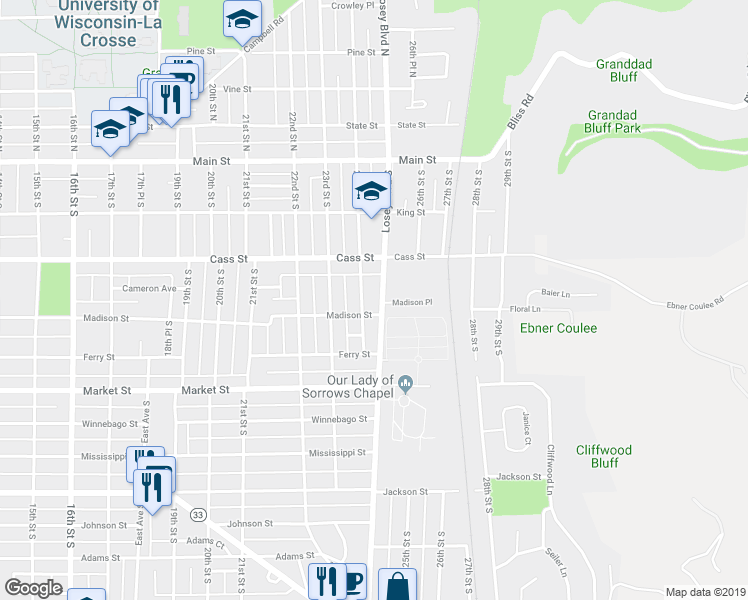 map of restaurants, bars, coffee shops, grocery stores, and more near 346 Losey Boulevard South in La Crosse