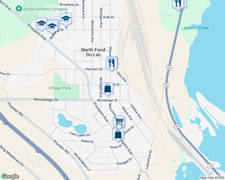 map of restaurants, bars, coffee shops, grocery stores, and more near 624 Wisconsin Avenue in North Fond du Lac