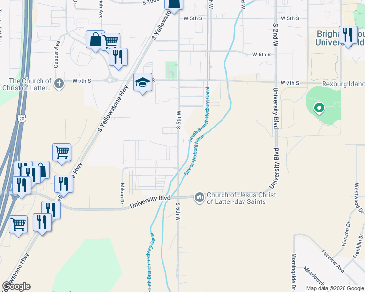 map of restaurants, bars, coffee shops, grocery stores, and more near 893 South 5th West in Rexburg
