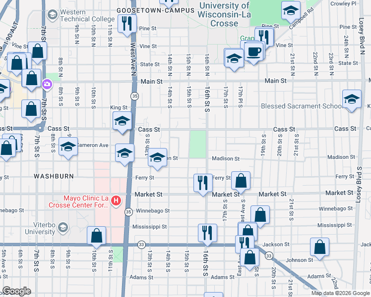 map of restaurants, bars, coffee shops, grocery stores, and more near 406 15th Street South in La Crosse
