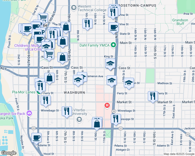 map of restaurants, bars, coffee shops, grocery stores, and more near 405 10th Street in La Crosse