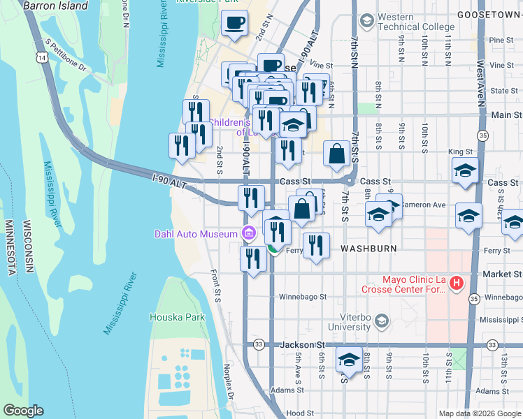 map of restaurants, bars, coffee shops, grocery stores, and more near 322 Cameron Avenue in La Crosse