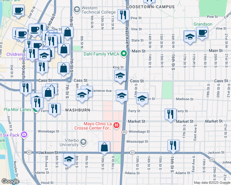 map of restaurants, bars, coffee shops, grocery stores, and more near 405 11th St S in La Crosse