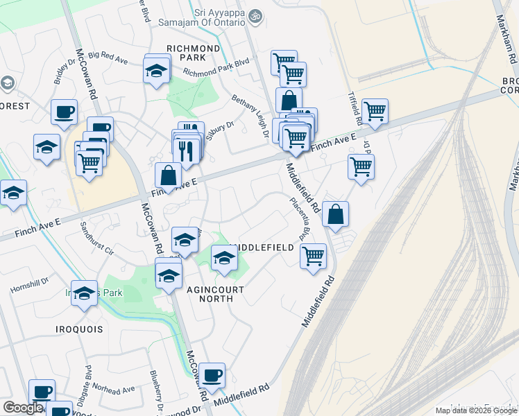 map of restaurants, bars, coffee shops, grocery stores, and more near 166 Placentia Boulevard in Toronto