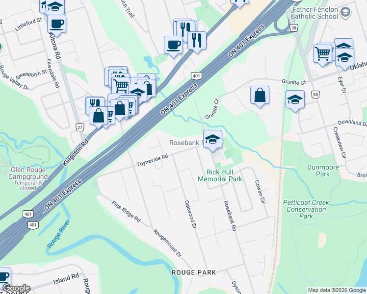 map of restaurants, bars, coffee shops, grocery stores, and more near 456 Toynevale Road in Pickering